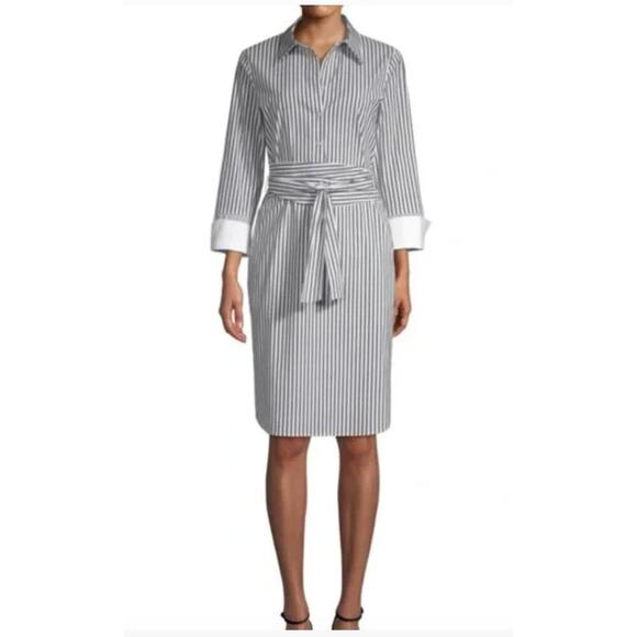 Lafayette 148 Black White Striped Belted Shirt Dress Size L 100% Cotton Stretch - Picture 1 of 13